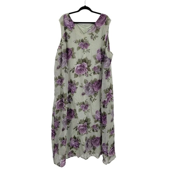Vintage 80's Dress Set Plus Size 32W Crinkle Chiffon Shift Maxi Floral Sage - Picture 15 of 16